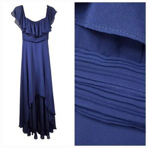 Bridesmaid Dress Navy Formal Elegant Flowy Chiffon Hi-Lo Off The Shoulder Prom 4
